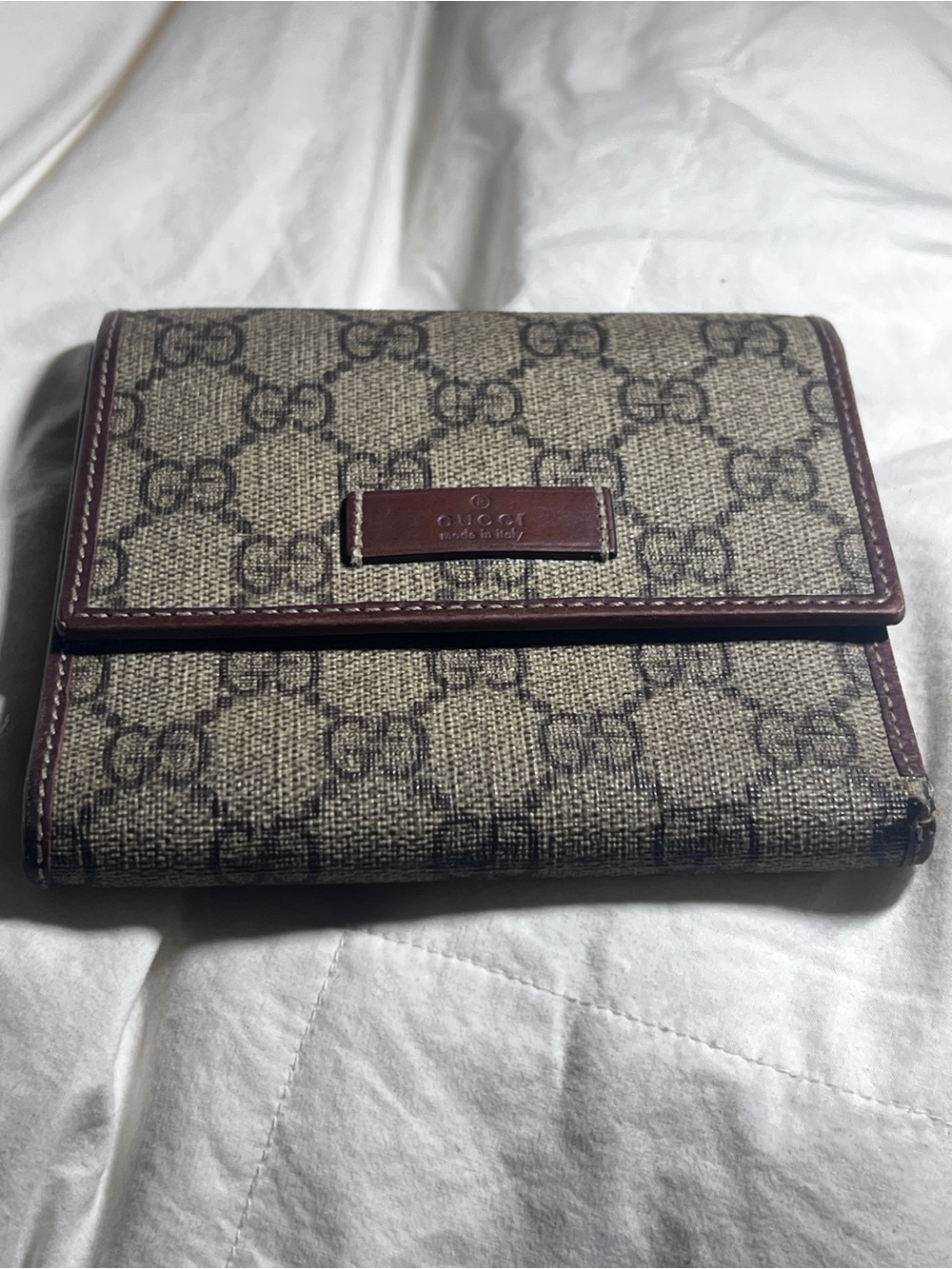 AuthenticGucci coated Canvas Frifold Compact Brown Leather Trim Monogram  Wallet